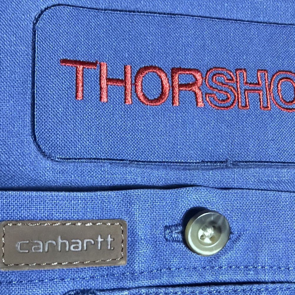 Carhartt‎ L Blue Button Up Work Shirt Thorshop Embroidered Made in Mexico - Picture 2 of 9